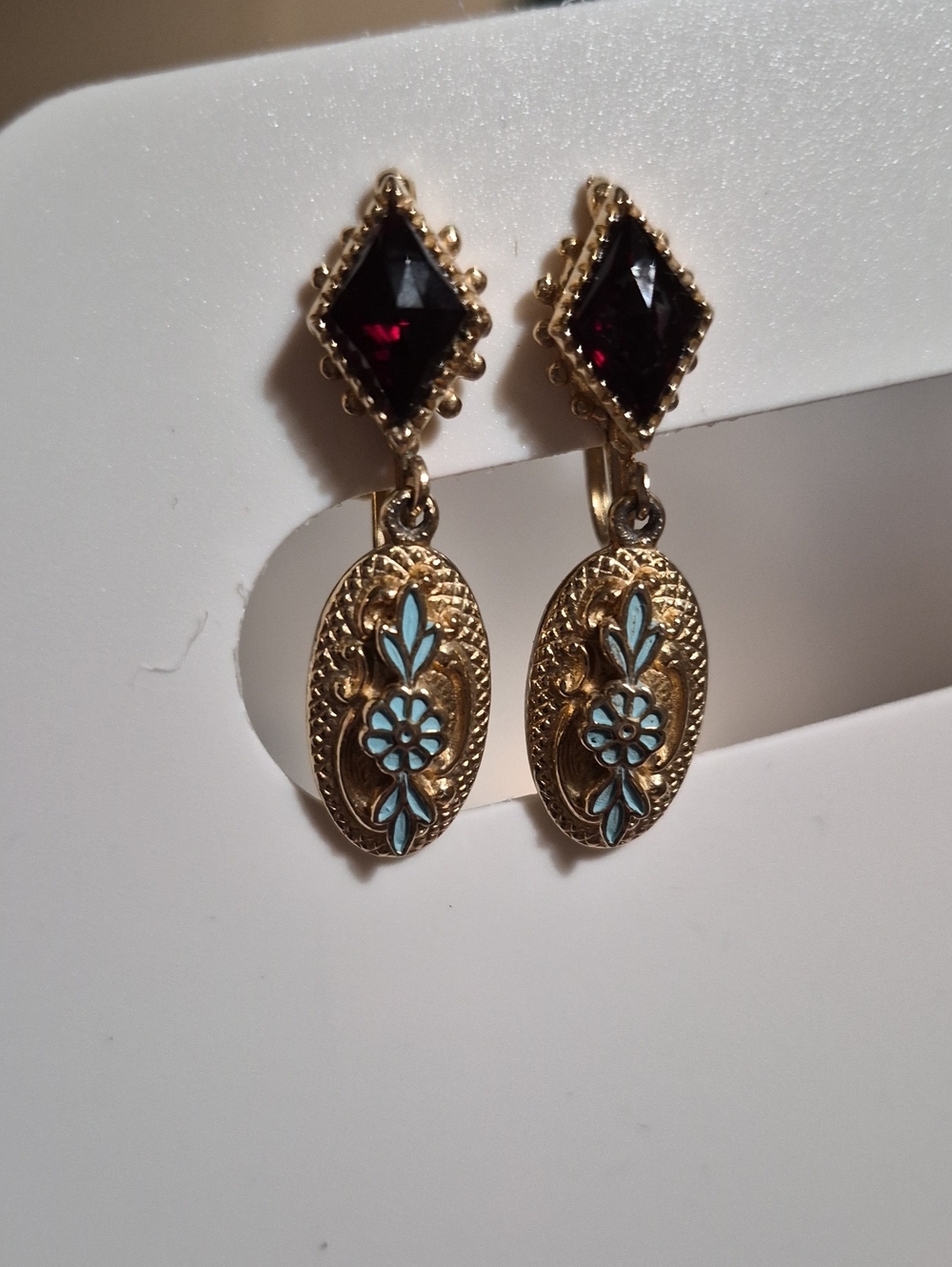 Vintage Red Crystal Blue Enamel Flower Screw Clip Earrings